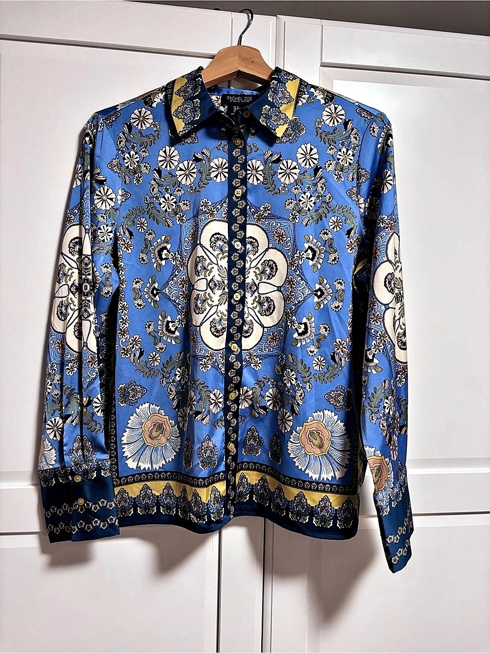 Rachel Zoe Floral Button Down Shirt Blue & Gold